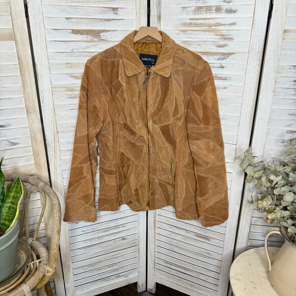 Y2K 90s Retro VINTAGE LEATHER WORKS Suede Patchwork Jacket Tan - Picture 14 of 16